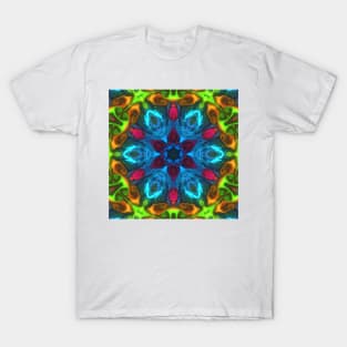 Psychedelic Kaleidoscope Flower Blue Pink Orange and Green T-Shirt